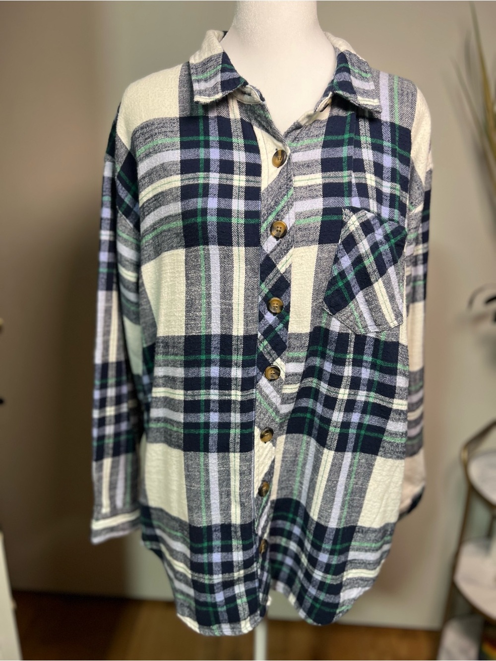 Maurices Plaid Button-Up Shirt in Navy, Cream & Green